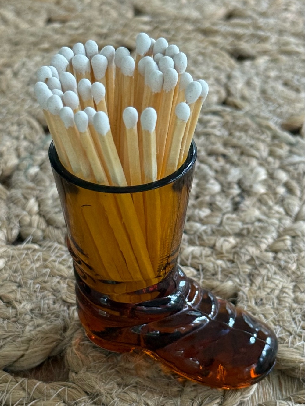 Vintage Amber Glass Cowboy Boot Matchstick Holder with White Matches and Striker